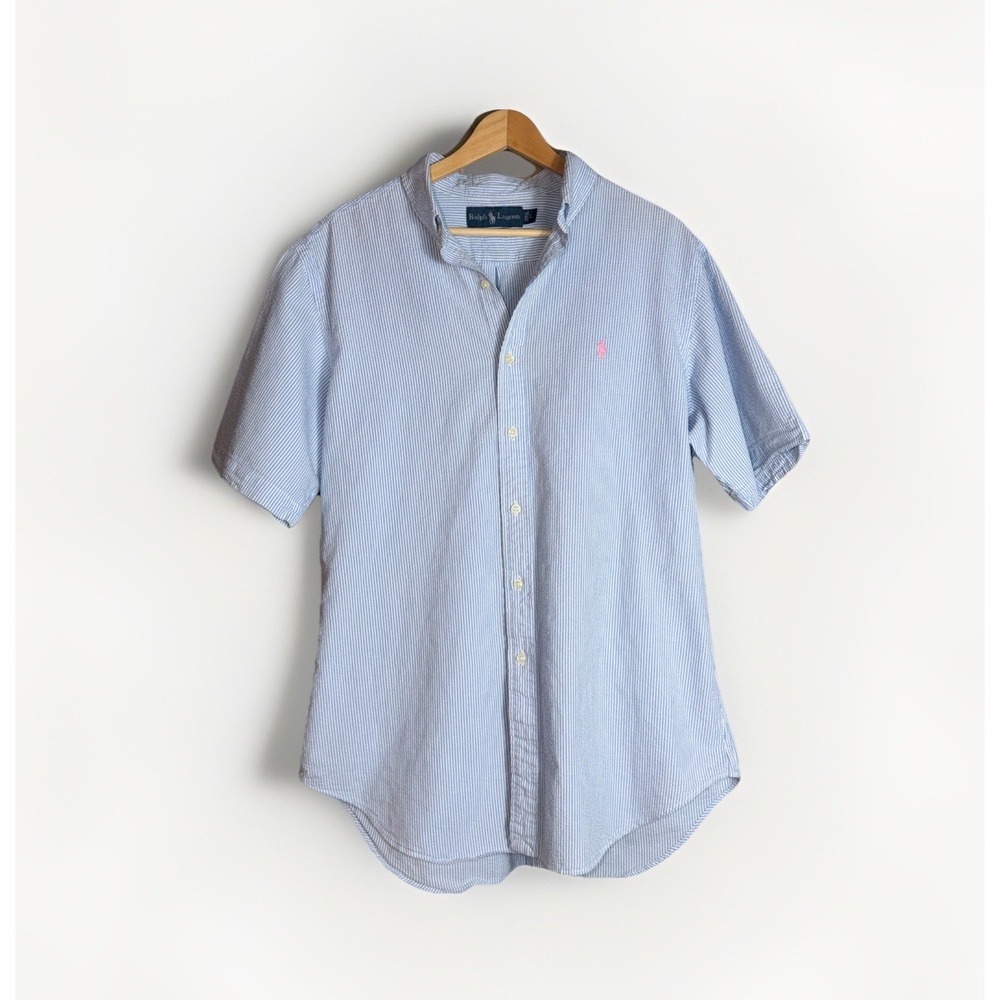 Ralph Lauren VTG Classic Fit Seersucker Short Sleeve Button-Down Shirt Size L